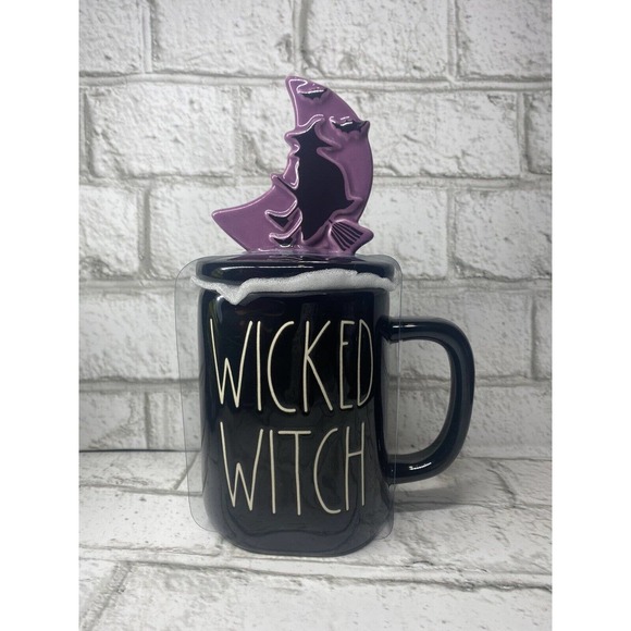 Rae Dunn Halloween Wicked Witch Black Mug with Witch On Moon Mug Topper New! - Picture 1 of 1